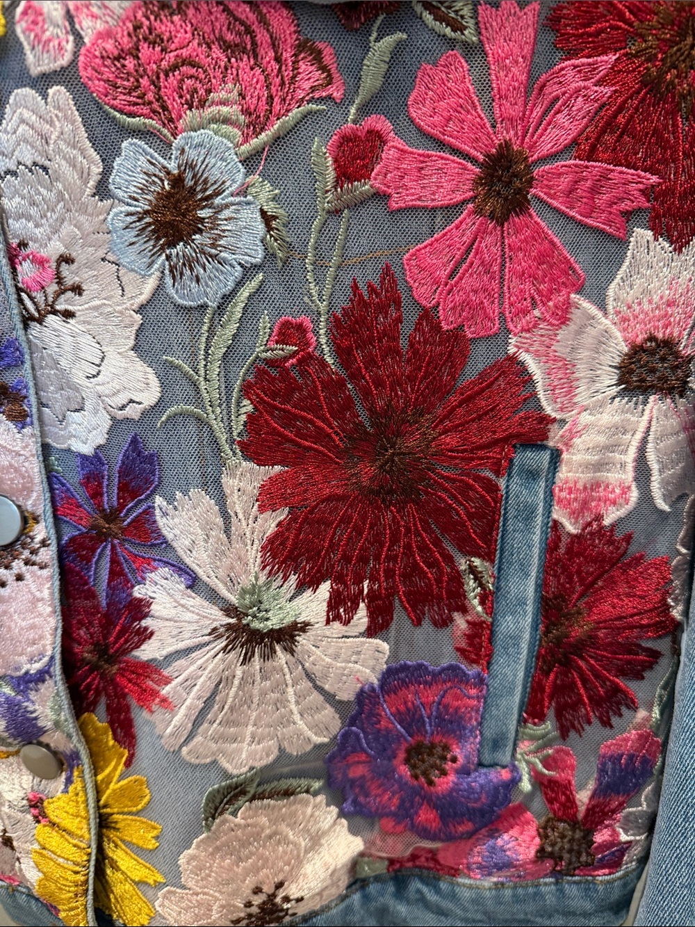 Boston Proper Embroidered Floral Denim Jacket in Pink, Red, Purple & Yellow - Picture 4 of 4